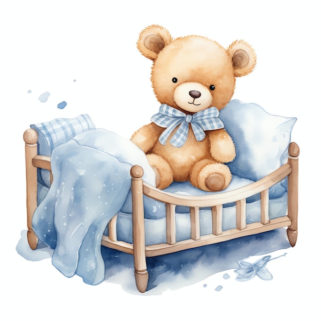 Cute watercolor teddy bear in blue bed boy illustration teddy bears clipart