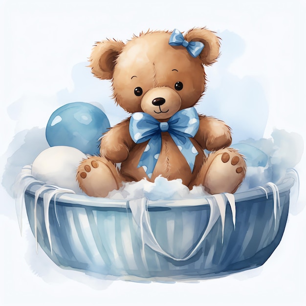 Cute watercolor teddy bear in blue bed boy illustration teddy bears clipart