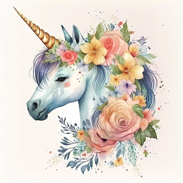 Cute Watercolor Unicorn Illustration AI GenerativexD