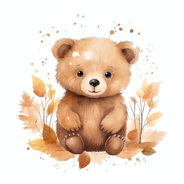 Cute watercolor woodland bear with leaves illustration teddy bears clipart