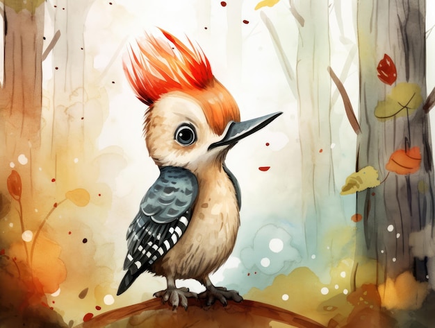 Cute watercolor woodpecker illustration for children