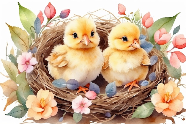 Cute watercolour fluffy yellow chicks in a spring blooming nest of twigs and flowers in nature Spring card spring time children childhood AI generated