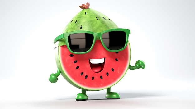 Photo cute watermelon kawaii cartoon character with sunglass isolated on white background