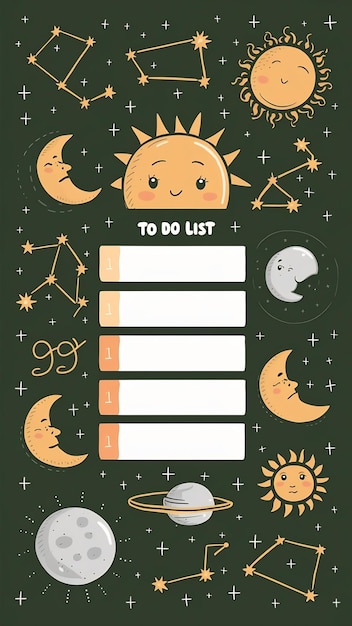 Photo cute weekly planner template to do list with sun and moon constellations cartoon style