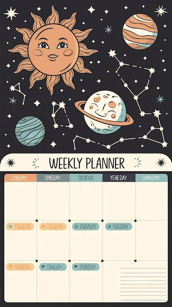 Photo cute weekly planner with sun and moon constellations cartoon style