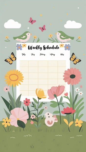 Photo cute weekly schedule template with spring vibe birds butterflies flowers cartoon style