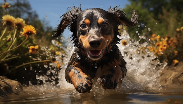 A cute wet puppy playing in the water pure joy generated by artificial intellingence