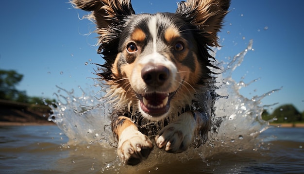 Cute wet puppy playing in water pure joy and loyalty generated by artificial intelligence