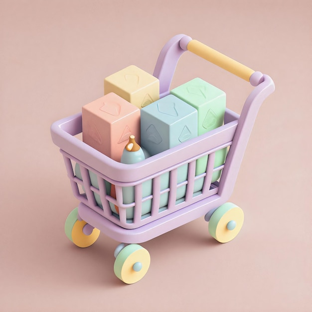 Cute whimsical 3D shopping cart icon character perfect for ecommerce retail projects website