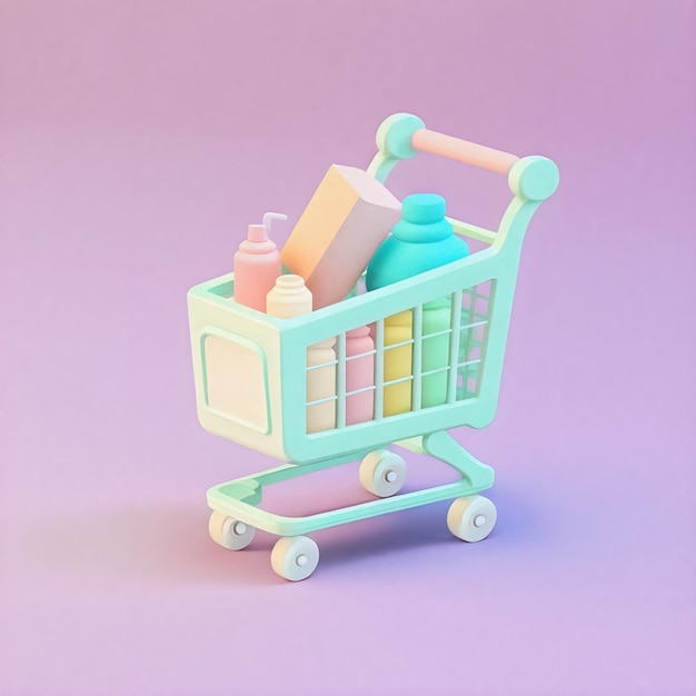 Cute whimsical 3D shopping cart icon character perfect for ecommerce retail projects website