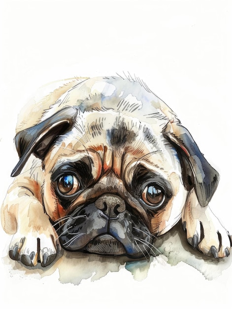 Photo cute and whimsical watercolor portrait of a pug dog with adorable facial expression