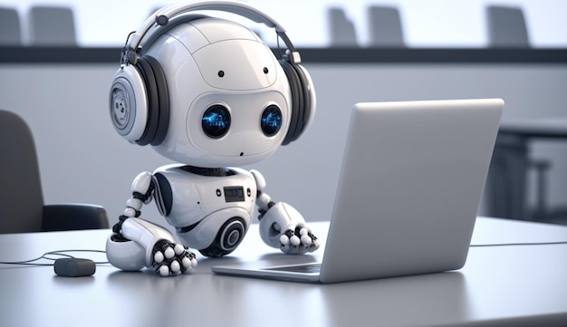 Cute white ai robot with a laptop in an officeA robot with headphones sits at a desk with a laptop