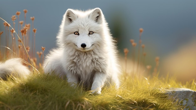 Cute white arctic fox sitting on grass landscape image Generative AI