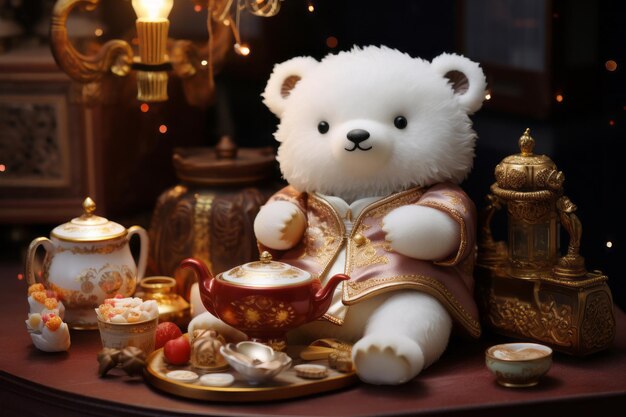 Photo cute white bear toy chinese traditional style tea