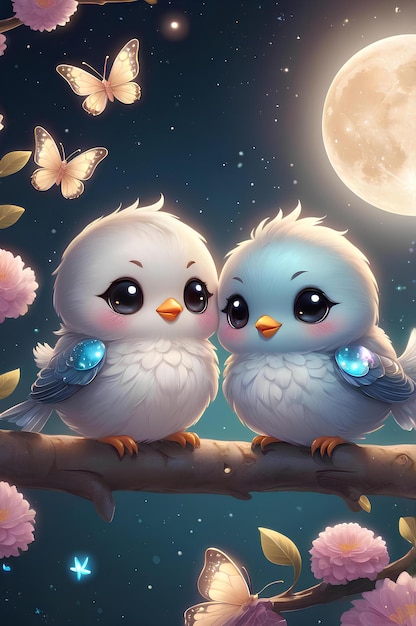 Photo cute white and blue cartoon birds perched on branch butterflies with pink flowers and full moon