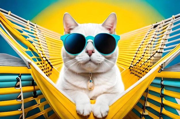 cute white british cat wearing sunglasses on yellow fabric hammock isolated on yellow background