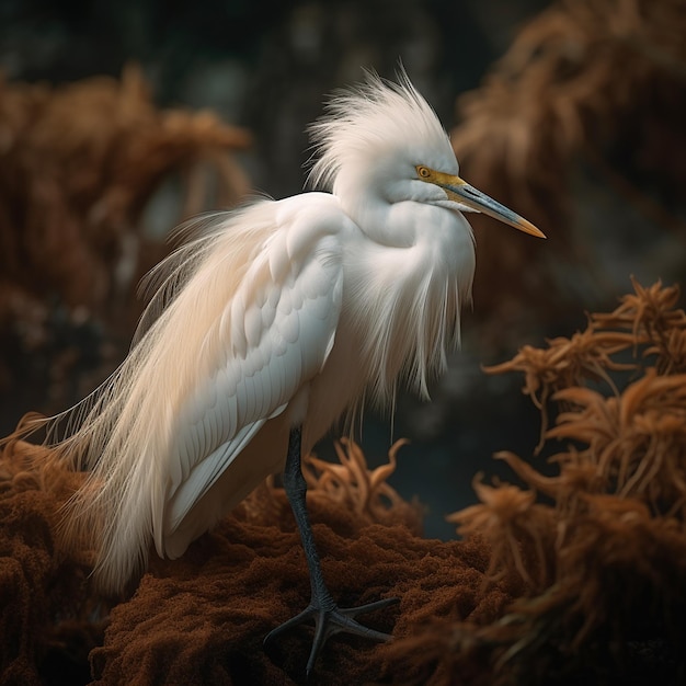 Cute white buck egret bird with hair head images Generative AI