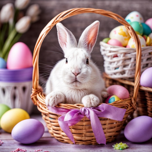 Cute white bunny in an Easter basket with coloured eggs