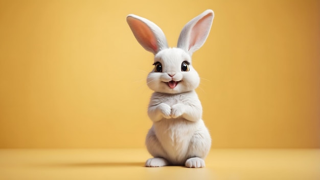 A Cute White Bunny Posing on Yellow Background