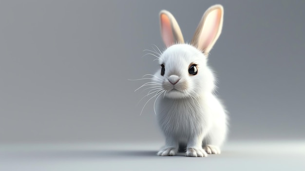 Cute white bunny rabbit sitting on a gray background