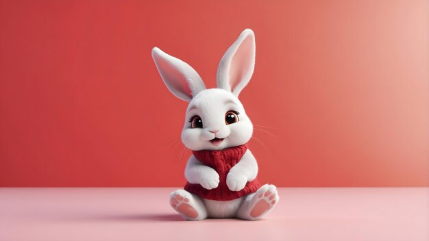 Cute White Bunny in a Red Sweater on Pink Background