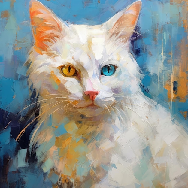 Cute white cat on a blue background pet wall art porter in style of abstract impressionism