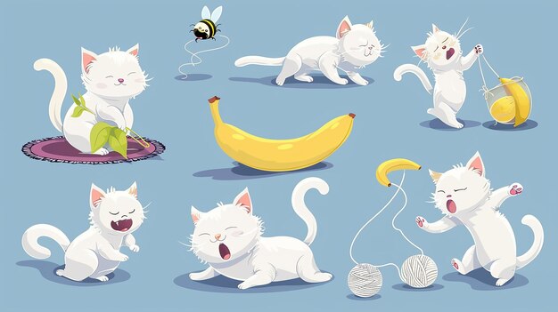 Photo cute white cat character in different poses vector cartoon