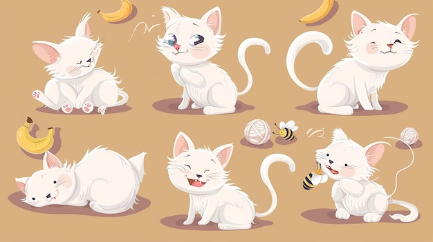 Photo cute white cat character in different poses vector cartoon