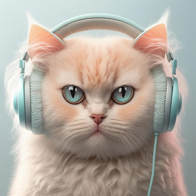 Cute white cat in headphones Generative AI