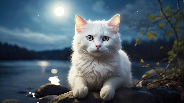 A cute white Cat is sitting on the edge of a deep river on a winter night