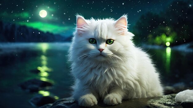 A cute white Cat is sitting on the edge of a deep river on a winter night