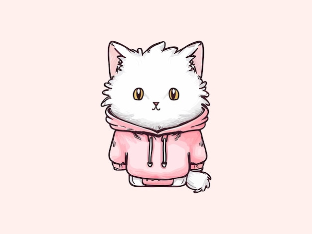 A cute white cat in a pink sweater Funny cat in clothes vector illustration