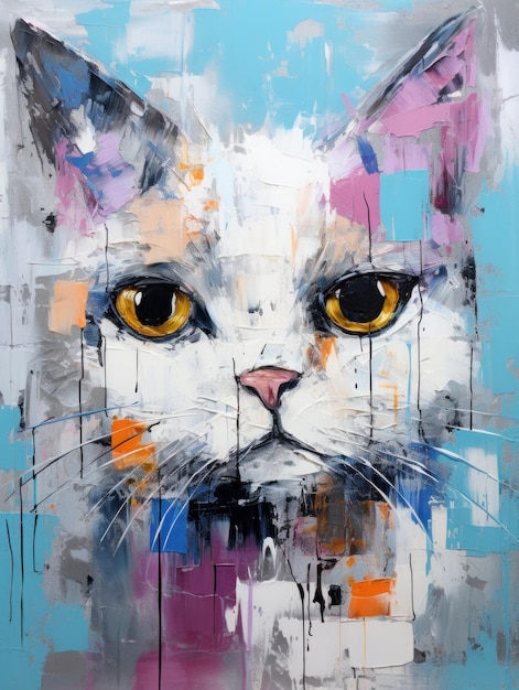 Cute white cat wall art poster in abstract expressionism oil painting style