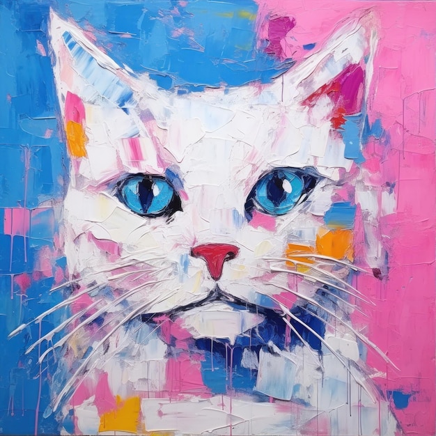 Cute white cat wall art poster in abstract expressionism oil painting style