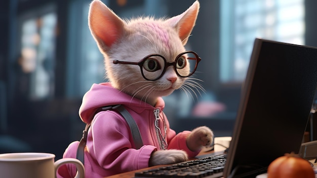 Cute white cat wearing glasses and a pink tshirt is sitting at the desk and reading a book