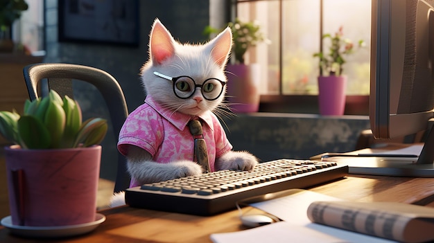 Cute white cat wearing glasses and a pink tshirt is sitting at the desk and reading a book