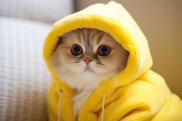 A cute white cat in a yellow coat AI Generative