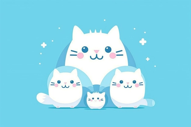 Cute white color cat family on blue background flat design illustration Generative Ai