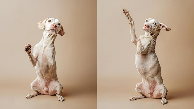 Photo cute white dog sitting and raising paw on brown background