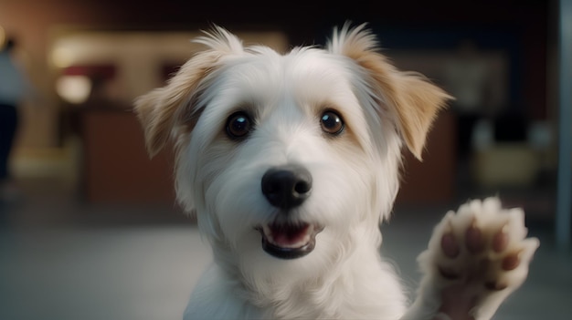 Cute white dog waving his paw Generative AI