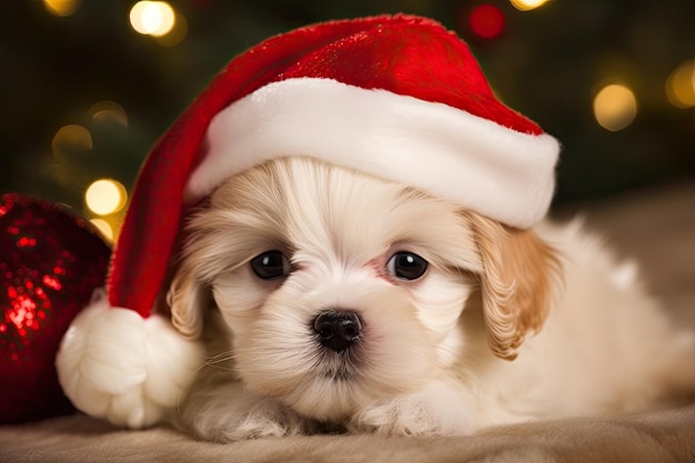 Cute White Dog Wearing a Santa Hat for Christmas Generative AI