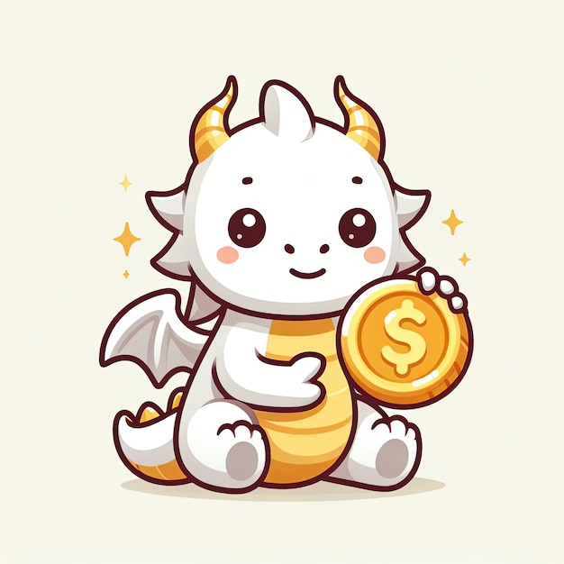 Photo cute white dragon holding gold coin cartoon vector icon illustration animal finance