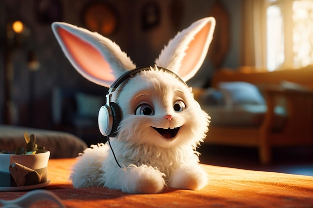 Cute white fairy rabbit in headphones