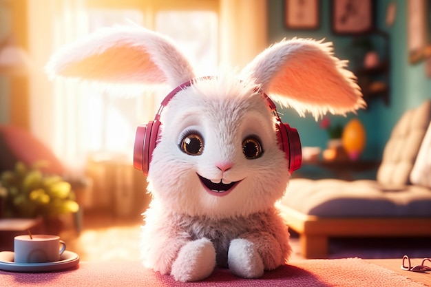 Cute white fairy rabbit in headphones