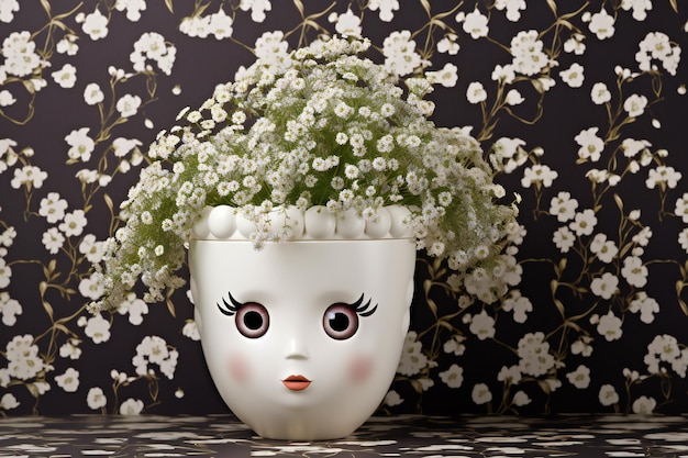 Cute white flower pot with a sad face on a dark background