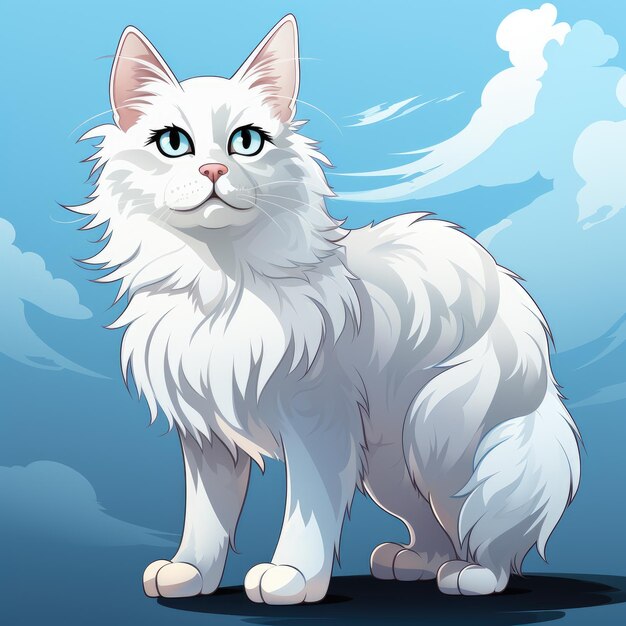 Cute white fluffy cat against a background of blue sky with clouds