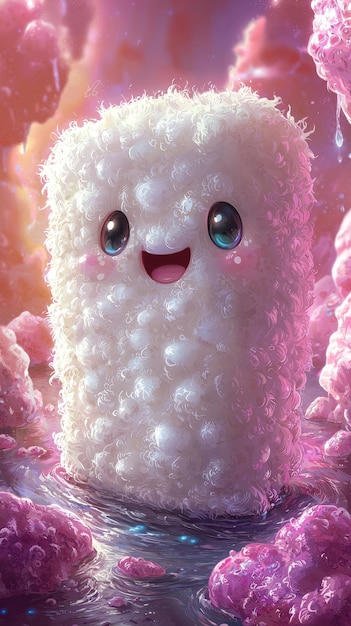 Cute White Fluffy Character in a Pink World