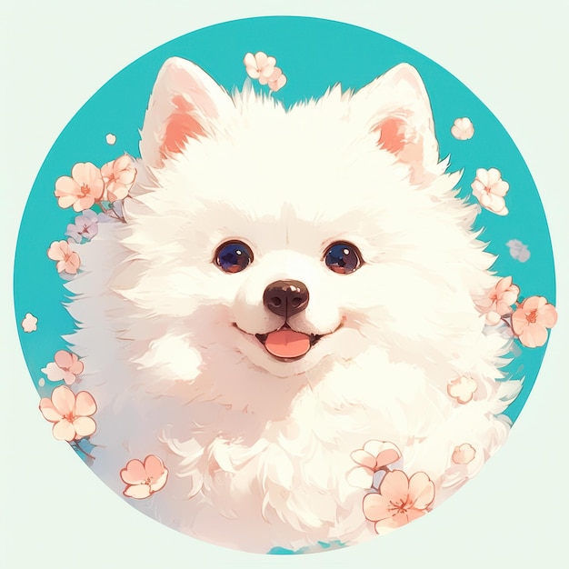 Cute White Fluffy Pomeranian Puppy Dog with Pink Flowers in Circle Design