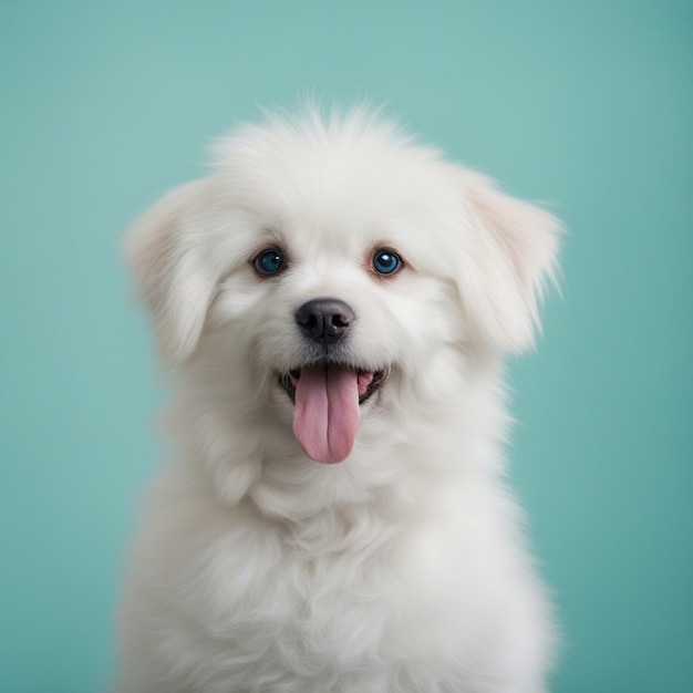 A cute white furry dog with clean cyan background