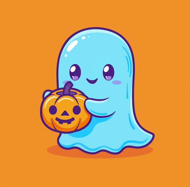 A cute white ghost holding a halloween pumpkin spooky halloween ghost boo